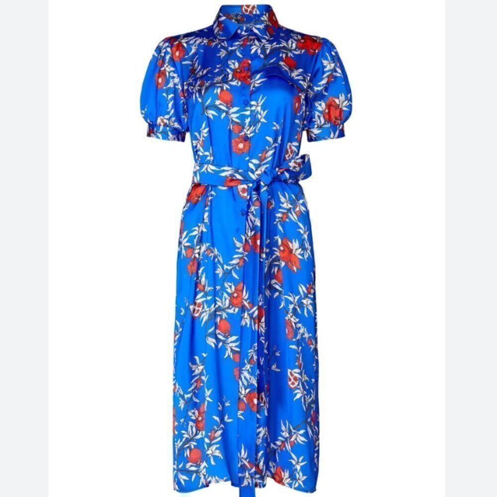 Lobo Rosa Camisa Dress Floral Short Sleeve Shirtdress Royal Blue & Red Size M